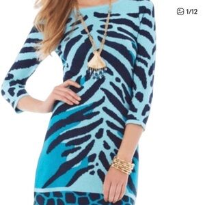 Lilly Pulitzer SWEATER DRESS BLUE XS ANIMAL STRIPE JACQUARD